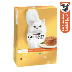 کنسرو غذای گربه بالغ گورمت مدل Gold Savoury Cake Pack با طعم مرغ، ماهی، گوشت گاو بسته 12 عددی