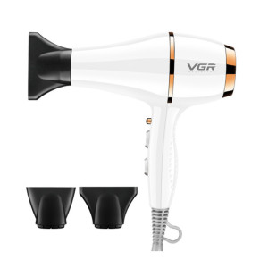 سشوار حرفه‌ای 2200 وات وی جی ار مدل V-414، موتور AC، وزن 802 گرم، المنت سرامیک تورمالین، دارای سری متمرکز‌کننده باریک، متمرکز‌کننده پهن با ویژگی صاف‌کنندگی، حجم‌دهندگی، با قابلیت تنظیم دما، فناوری تولید یون