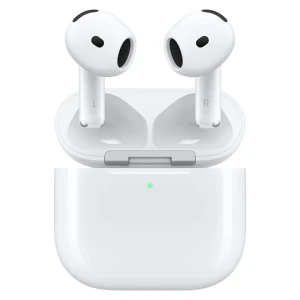 هدفون بلوتوثی اپل مدل AirPods 4 دارای نویز کنسلینگ، درگاه شارژ USB-Type-C و شارژ بی سیم، با قابلیت اتصال به چند دستگاه، پشتیبانی از فرمان لمسی و دستیار صوتی، نشانگر LED، مقاوم در برابر پاشش آب و گرد و غبار