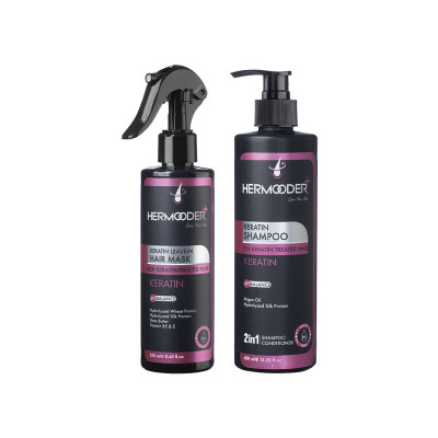 شامپو مو هرمودر مدل Keratin مناسب برای مو کراتین شده حجم 400 میلی لیتر به همراه ماسک مو هرمودر مدل Keratin مناسب برای مو کراتین شده حجم 250 میلی لیتر