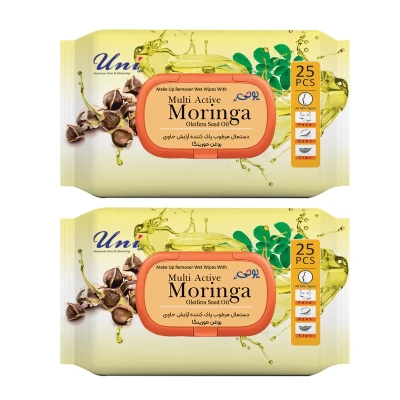 دستمال مرطوب یونی لد مدل روغن مورینگا دو بسته 25 عددی