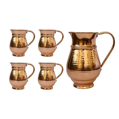 ست چهار نفره پارچ و لیوان مسی مدل ترک دسته دار کد ZH427  مجموعه پنج عددی