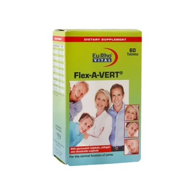مکمل غذایی حفظ سلامت مفاصل، استخوان و دندان یوروویتال Flex-A-Vert مدل 60 عددی حاوی گلوکزامین، کندرویتین و کلاژن هیدرولیز شده؛ کمک به ترمیم غضروف، کاهش درد آرتروز، افزایش انعطاف‌پذیری و پیشگیری از پوکی استخوان