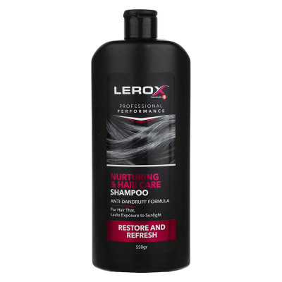 شامپو مو تقویت‌کننده مو لروکس مخصوص موهای آسیب‌دیده و خشک، وزن 550 گرم مدل Nurturing & Hair Care، ترمیم‌کننده، براق‌کننده، برطرف‌کننده وز مو، الکتریسیته مو و لطافت‌بخش با عصاره جلبک گالبنا
