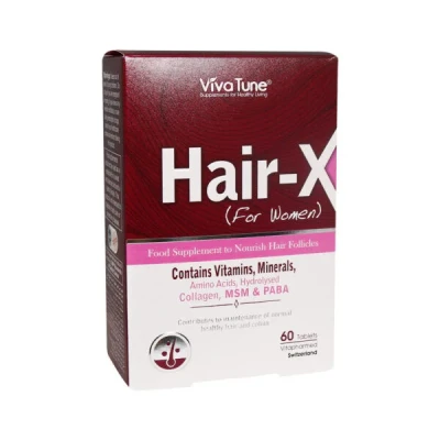 مکمل غذایی تقویت و حفظ سلامت مو بانوان ویوا تون مدل Hair-X با کلاژن هیدرولیز شده، ویتامین‌ها، آمینو اسید، بیوتین، روی، سلنیوم، MSM و PABA، تغذیه عمیق فولیکول و تقویت ریشه مو، بسته 60 عددی