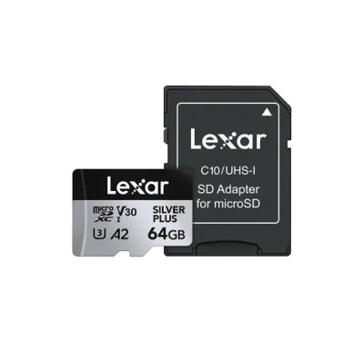 کارت حافظه microSDXC لکسار مدل SILVER PLUS کلاس A2 استاندارد UHS-U3 سرعت 205MBps ظرفیت 64 گیگابایت به همراه آداپتور SD