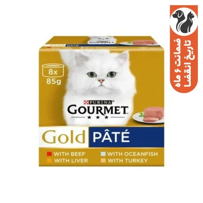 کنسرو غذای گربه بالغ گورمت مدل Gold Pate بافت  پته  با طعم ماهی، بوقلمون، گوشت گاو و جگر بسته 8 عددی