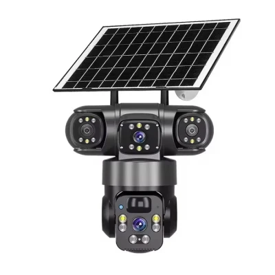 دوربین مداربسته تحت شبکه فضای باز خورشیدی سه لنز با اتصال 4G، چرخش 360 درجه، دید در شب رنگی، تشخیص حرکت، مکالمه دوطرفه، استاندارد IP66، شارژ با پنل خورشیدی و نگهداری شارژ تا 7 روز