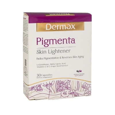 کپسول روشن‌کننده پوست درمکس مدل Pigmenta بسته 30 عددی با ترکیبات آنتی‌اکسیدان قوی، کاهش چین و چروک، رفع لکه‌های تیره و محافظت در برابر آسیب اکسیداتیو سلولی