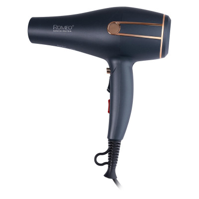 سشوار حرفه‌ای 2400 وات رومئو مدل RM-5050، موتور AC، وزن 450 گرم، المنت فلز، دارای سری متمرکز‌کننده باریک، متمرکز‌کننده پهن با ویژگی صاف‌کنندگی، حجم‌دهندگی، با قابلیت تنظیم دما، باد سرد