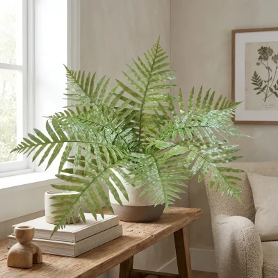 بوته سرخس مصنوعی 9 برگ با برگ‌های ژله‌ای لمسی، ابعاد 38×38×45 سانتی‌متر، وزن 70 گرم