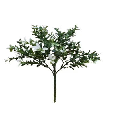 گل مصنوعی بوته اناری پلاستیکی با 6 شاخه پر برگ، ابعاد 15×15×34 سانتی‌متر و وزن 50 گرم