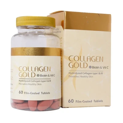 قرص کلاژن هیدرولیز شده آدریان مدل Collagen Gold با ویتامین C و بیوتین، بهبود سلامت پوست، مو و ناخن، افزایش الاستیسیته و کاهش علائم پیری، بسته 60 عددی
