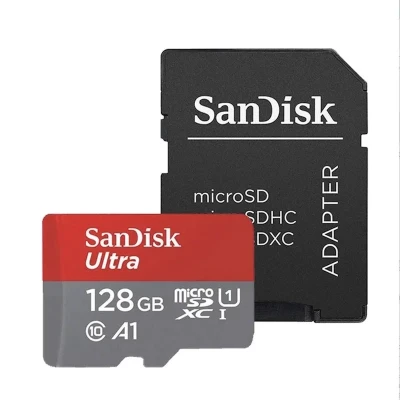 کارت حافظه microSDXC سن دیسک مدل Ultra A1 کلاس 10 استاندارد UHS-I سرعت 100MBps ظرفیت ۱۲۸ گیگابایت به همراه آداپتور SD