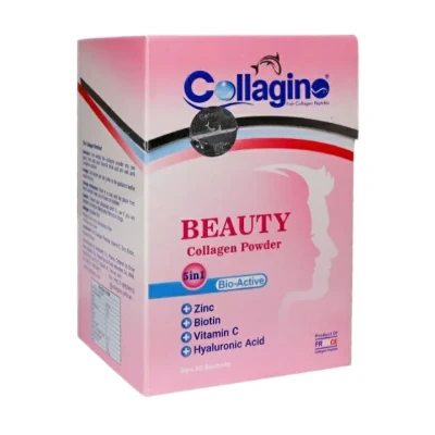 پودر کلاژن تقویت‌کننده پوست، مو و ناخن کلاژینو بیوتی مدل Beauty حاوی کلاژن پپتاید ماهی، ویتامین سی، زینک، بیوتین و هیالورونیک اسید، مکمل 5 در 1 ضدپیری و آنتی‌اکسیدان ساخت فرانسه، بسته 30 عددی