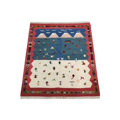 گلیم دستباف سه متری مدل منظره زمینه کرم و سبز