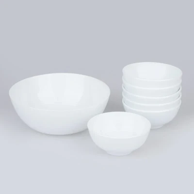 سرویس 7 پارچه آرکوپال دینو طرح دایره ورژن 7 شامل 1 کاسه بزرگ 7×19×19 سانتی‌متر وزن 375 گرم و 6 پیاله 6×11×11 سانتی‌متر وزن 230 گرم، مقاوم در برابر شوک حرارتی، مناسب شستشو با دست و ماشین ظرفشویی