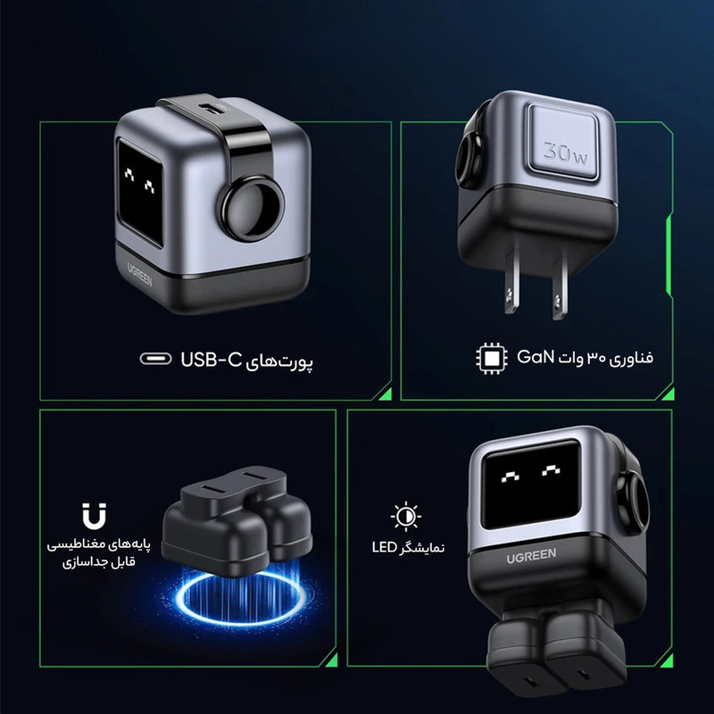 شارژر دیواری 30 وات یوگرین مدل Robot Nexode RG PD GaN Fast Charger به همراه کابل USB-C