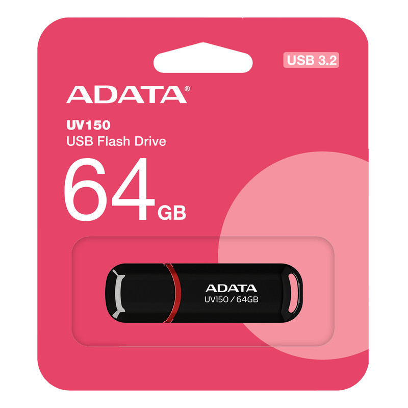 فلش مموری ای دیتا مدل UV150 ظرفیت 64 گیگابایت، رابط USB 3.2 Gen1 با سرعت خواندن 100 مگابایت بر ثانیه، درپوش‌دار، سازگار با ویندوز، مک و لینوکس، مناسب موبایل، تبلت، لپ‌تاپ و تلویزیون