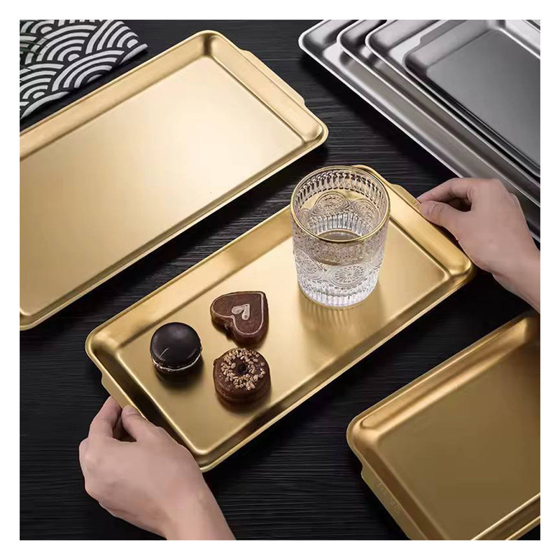 سینی سرو استیل مستطیل 2 دسته کوچک کد 3216، ابعاد 32×16، گنجایش 6 فنجان چای، مناسب سرو دسر و شیرینی و فینگرفود، شستشو با دست