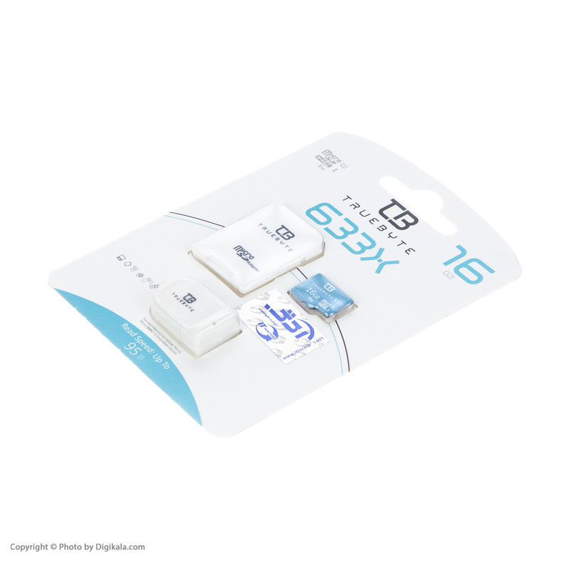 کارت حافظه MicroSDHC تروبایت مدل 633X-V10 کلاس 10 استاندارد UHS-I U1 سرعت 95MBPS ظرفیت 16 گیگابایت به همراه آداپتور SD و کارت‌خوان