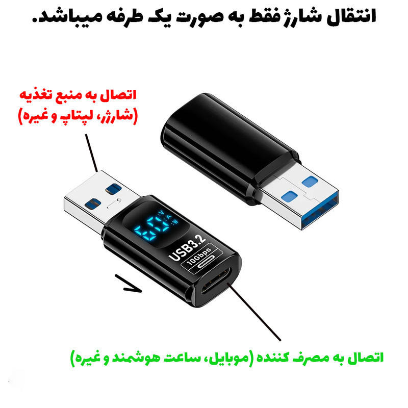 مبدل سنجش ولتاژ و توان و جریان USB به USB-C پی ام مدل PM-204