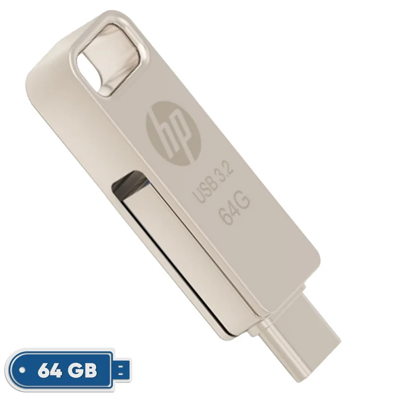 فلش مموری اچ‌پی مدل x206c ظرفیت 64 گیگابایت با طراحی چرخشی، بدنه فلزی، دو رابط USB Type-C و USB Type-A، سرعت انتقال تا 100 مگابایت بر ثانیه و سازگار با ویندوز و مک