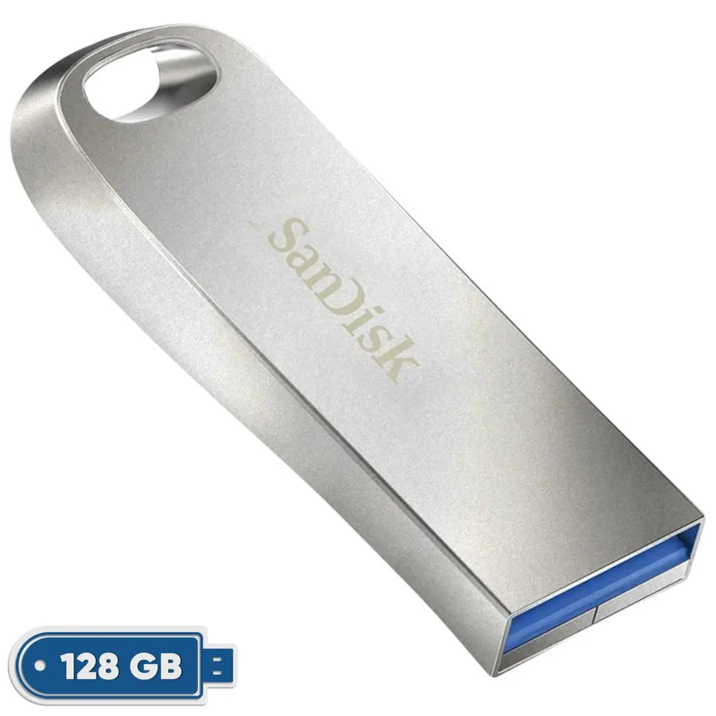 فلش مموری سن دیسک مدل Ultra Luxe ظرفیت 128 گیگابایت با بدنه فلزی، رابط USB 3.1 Type-A، سرعت خواندن 150 مگابایت بر ثانیه و نرم‌افزار کدگذاری SanDisk Secure Access