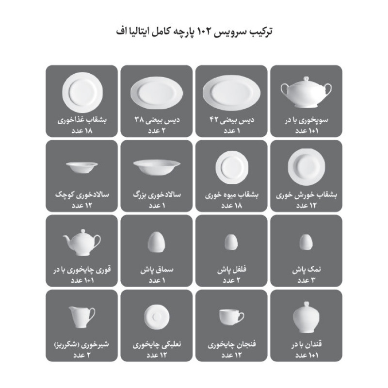 سرویس غذاخوری 102 پارچه چینی زرین ایران سری ایتالیا اف مدل ویلیج درجه عالی