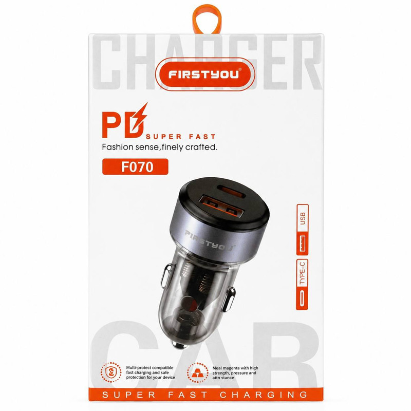 شارژر فندکی 70 وات دو پورت فرست یو مدل F070 به همراه کابل لایتنینگ