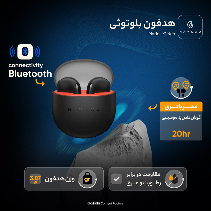 هدفون بلوتوثی هایلو مدل X1 Neo بدون قابلیت نویز کنسلینگ، درگاه شارژ USB Type-C، مقاوم در برابر رطوبت و عرق
