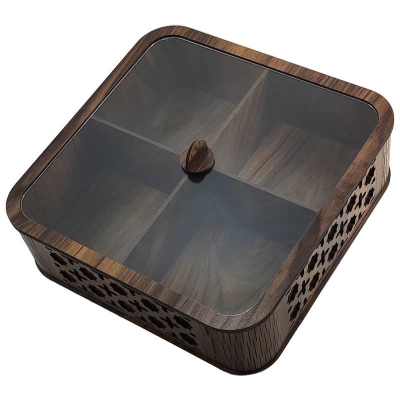جعبه پذیرایی مدل LZ-1 با بدنه MDF و در پلکسی، مناسب نگهداری آجیل، دمنوش و شکلات، مقاوم در برابر نفوذ گرد و غبار