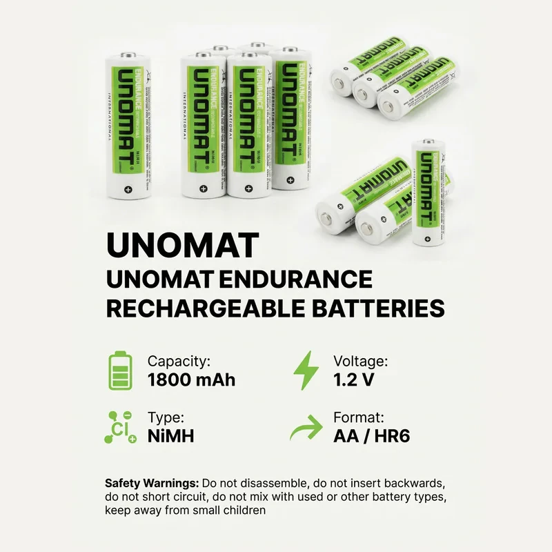 باتری قلمی قابل شارژ یونومات مدل UNOMAT 1800mA بسته ۲ عددی