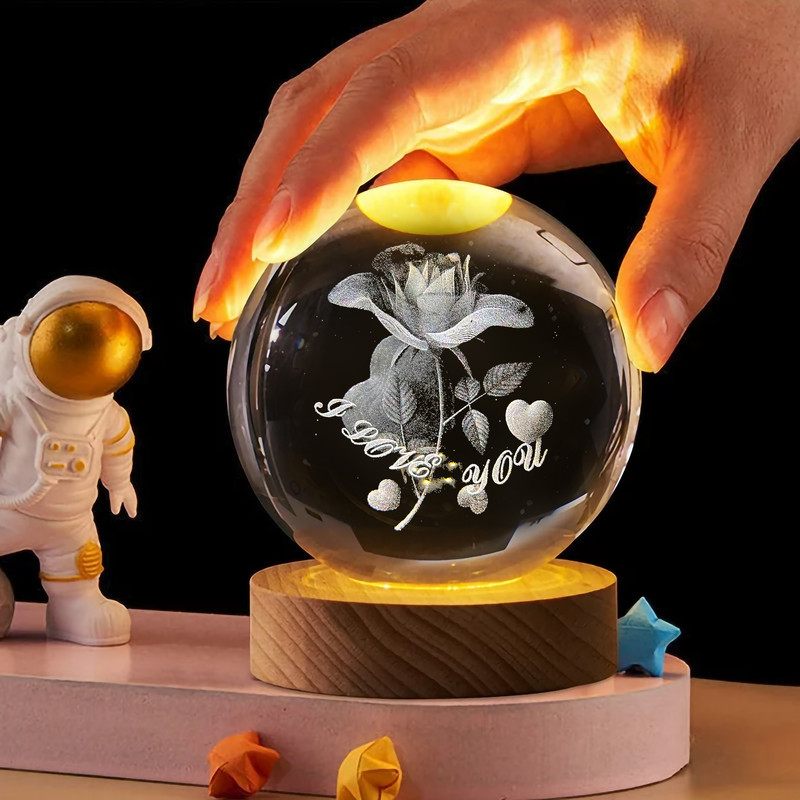 چراغ خواب مدل گوی کریستال سه بعدی طرح گل رز عاشقانه