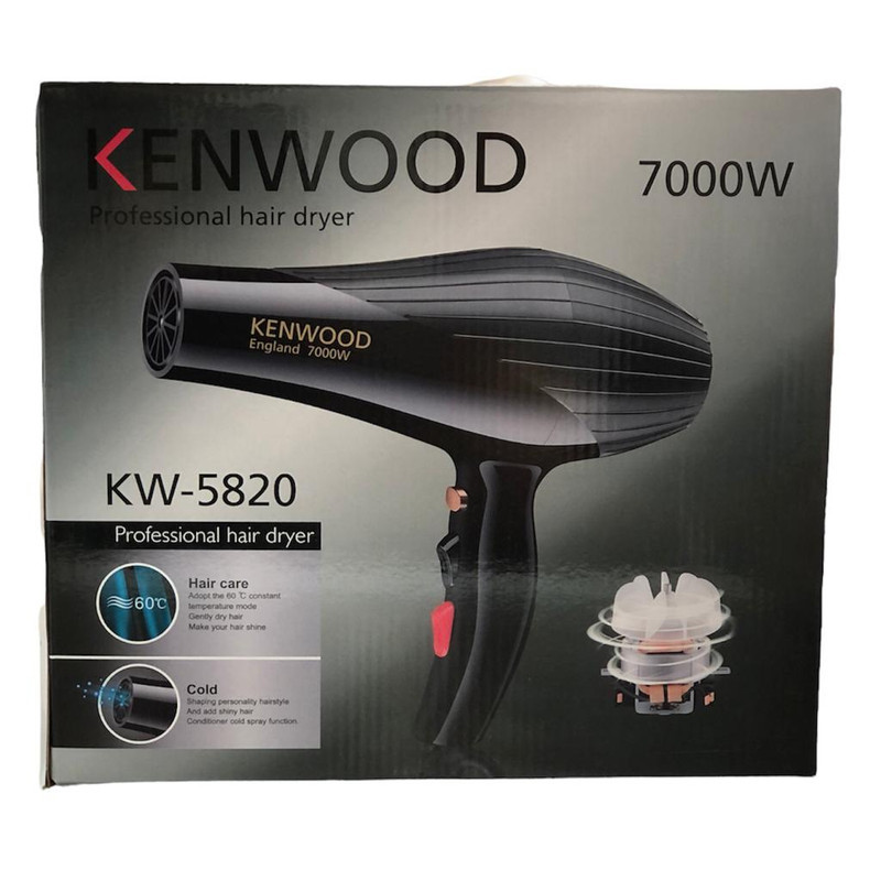 سشوار خانگی 9000 وات کنوود مدل kw-5820، موتور AC، وزن 700 گرم، المنت فلز، دارای سری متمرکز‌کننده پهن با ویژگی صاف‌کنندگی، حجم‌دهندگی، با قابلیت باد سرد