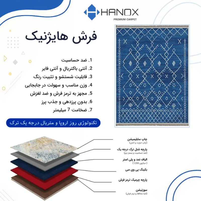 فرش ماشینی 1000 شانه زمینه آبی حاشیه طوسی هانوکس مدل مراکشی کد MHX.007.4
