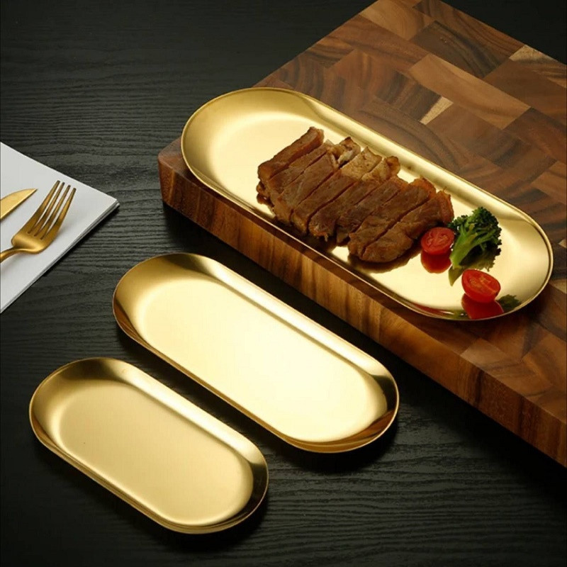 سینی سرو استیل مجموعه سه عددی شامل سایز کوچک 18x8، متوسط 23x9 و بزرگ 26x11 سانتی‌متر