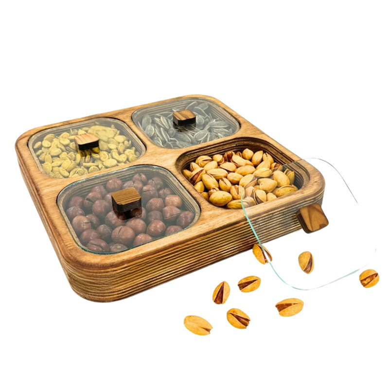 اردوخوری چوبی مربع مدل OD184 با درب پلکسی‌گلس، طراحی تقسیم‌بندی‌شده، پوشش گیاهی محافظت‌کننده، مناسب سرو آجیل و تنقلات، غیرقابل شست‌وشو، وزن 685 گرم