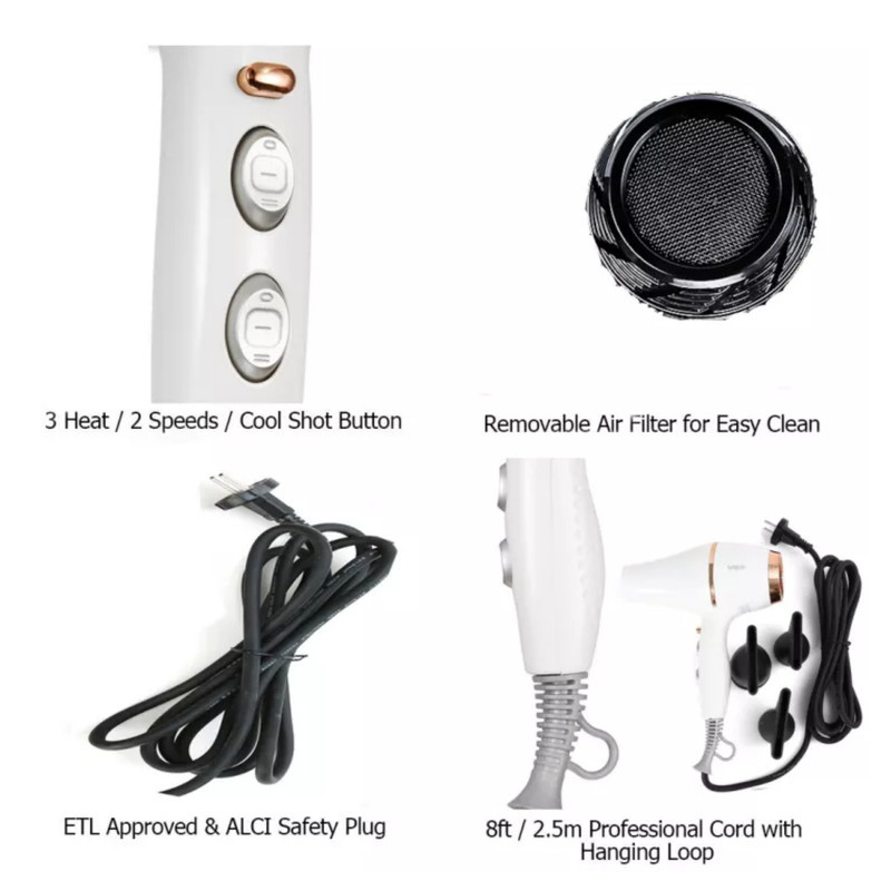 سشوار حرفه‌ای 2200 وات وی جی ار مدل V-414، موتور AC، وزن 802 گرم، المنت سرامیک تورمالین، دارای سری متمرکز‌کننده باریک، متمرکز‌کننده پهن با ویژگی صاف‌کنندگی، حجم‌دهندگی، با قابلیت تنظیم دما، فناوری تولید یون