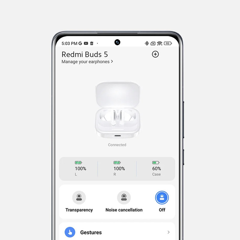 هدفون بلوتوثی شیائومی مدل Redmi Buds 5 با نویز کنسلینگ فعال (ANC)، درگاه شارژ USB Type-C، دارای نشانگر روی محفظه شارژ