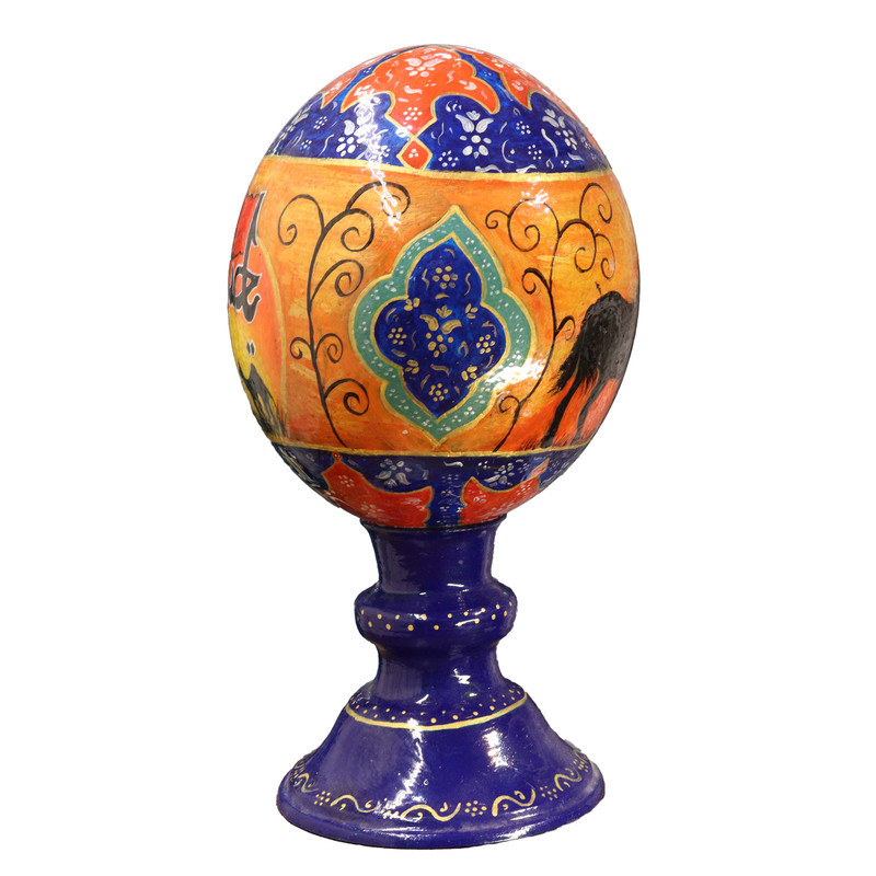 تخم شترمرغ تزیینی صنایع دستی فاخر مدل پایه بلند طرح یا حسین (ع) کد DarkBl2413