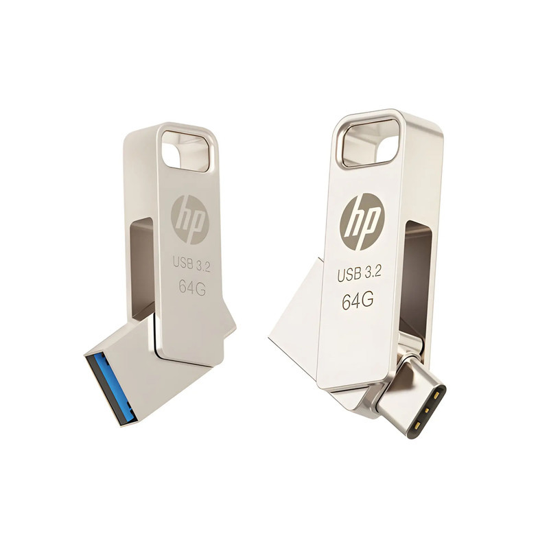 فلش مموری اچ‌پی مدل x206c ظرفیت 64 گیگابایت با طراحی چرخشی، بدنه فلزی، دو رابط USB Type-C و USB Type-A، سرعت انتقال تا 100 مگابایت بر ثانیه و سازگار با ویندوز و مک