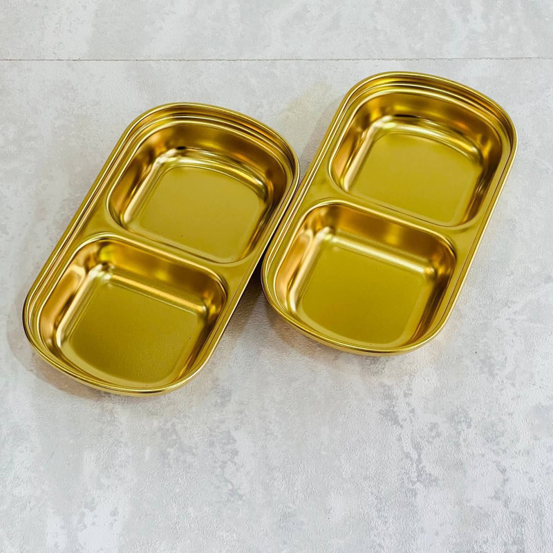 اردوخوری استیل 2 خانه‌ای SUS304 مناسب سرو پیش‌غذا و خوراکی‌های کوچک، قابلیت شستشو با دست و ماشین ظرفشویی