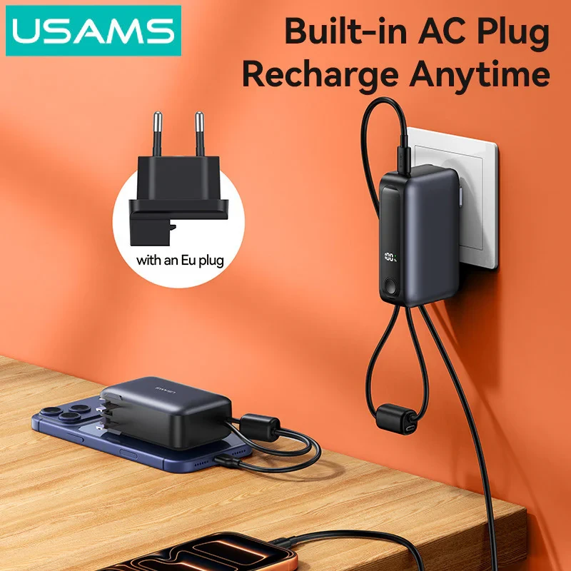 پاوربانک 22.5 وات یوسمز مدل CD260 ظرفیت 10000 میلی‌آمپرساعت به همراه 2 عدد کابل USB-C و لایتنینگ