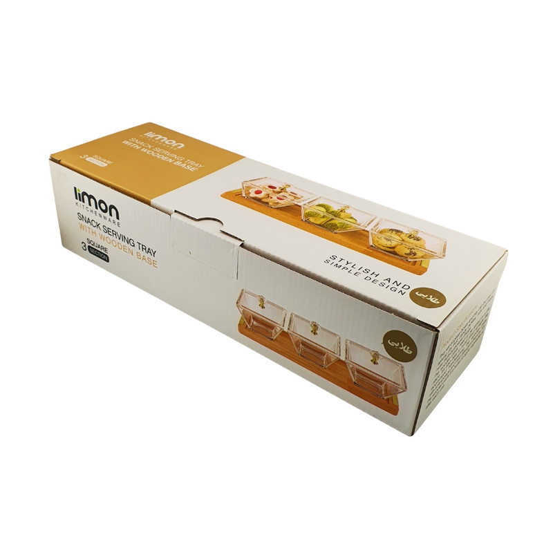 اردوخوری لیمون مدل FIDOKA-2242، با 3 خانه مربع شیشه‌ای، در اکریلیک و پایه چوبی، مناسب سرو پنیر، ابعاد 32×10×9، قابل شستشو با دست و ماشین ظرفشویی