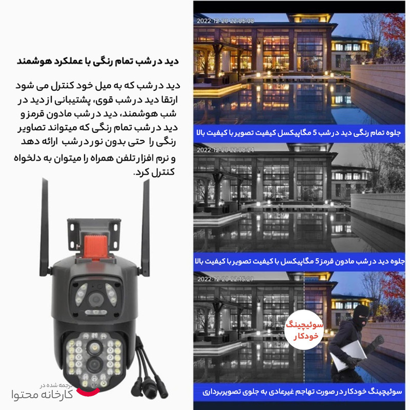 دوربین مداربسته تحت شبکه شارک IPC-V380-A28-WIFI دو لنز با چرخش قابل کنترل، کیفیت FULL HD 1080P، دید در شب رنگی دوگانه IR و وارم لایت، اتصال وای‌فای و LAN، آژیر هشدار و پشتیبانی از کارت حافظه micro SD