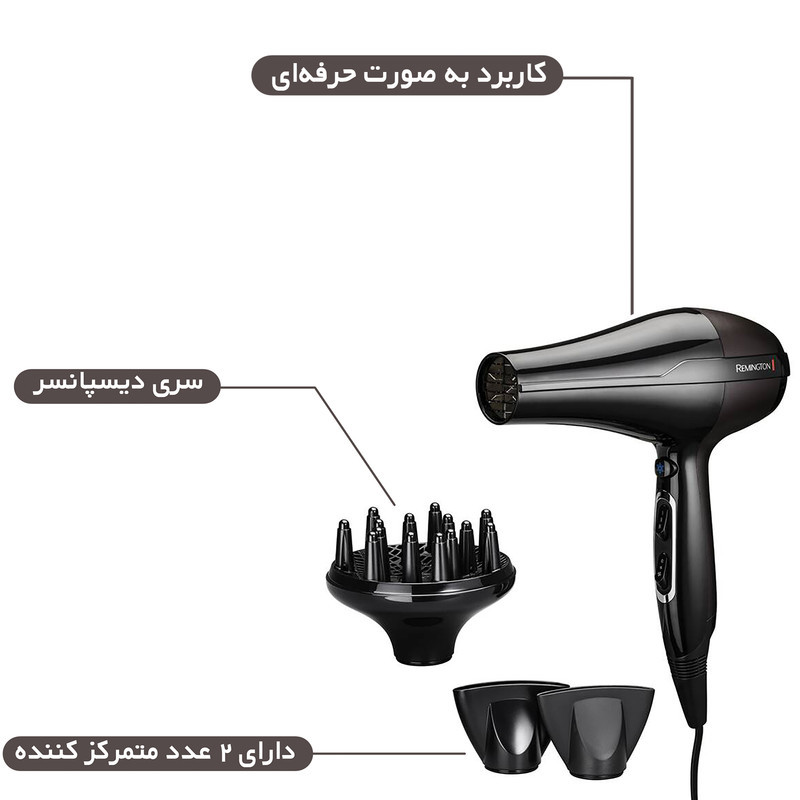 سشوار حرفه‌ای 2300 وات رمینگتون مدل Ac 5999، موتور AC، وزن 700 گرم، المنت سرامیک تورمالین، دارای سری دیسپانسر، متمرکز‌کننده باریک، متمرکز‌کننده پهن، با ویژگی حجم‌دهندگی، صاف‌کنندگی
