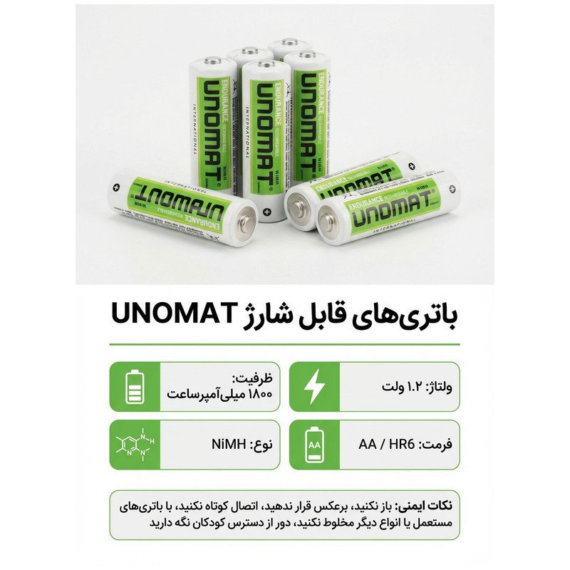 باتری قلمی قابل شارژ یونومات مدل UNOMAT 1800mA بسته ۲ عددی