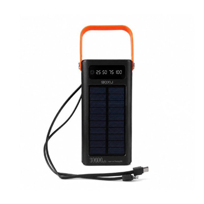 پاوربانک خورشیدی 66 وات بوکسو مدل PB-07 ظرفیت 30000 میلی‌آمپر ساعت به همراه 2 عدد کابل USB-C و Lightning