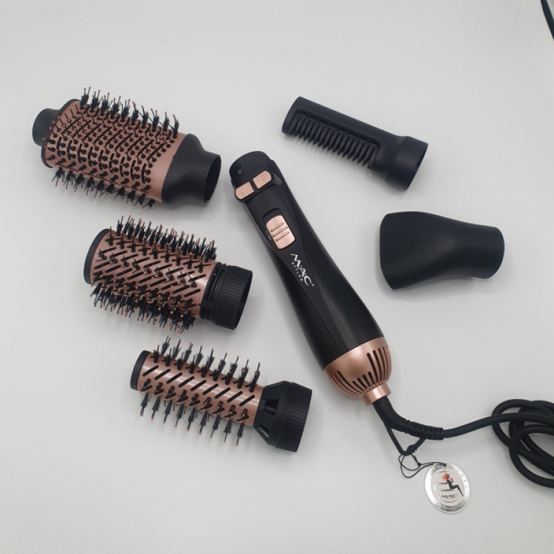 سشوار برس‌دار چرخشی 1200 وات مک استایلر مدل MC_1515، موتور DC، وزن 620 گرم، دارای سری چرخشی با ویژگی حجم‌دهندگی، فرکنندگی